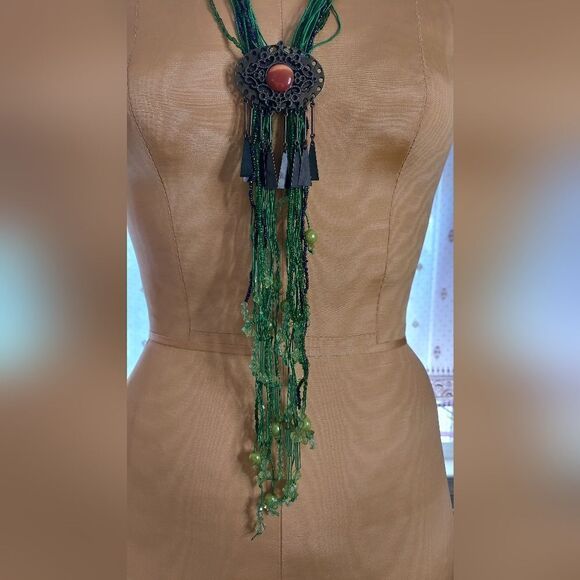 Vintage Handmade Statement Necklace Long Tassel  Glass Beads Bolo Necklace - Picture 6 of 8
